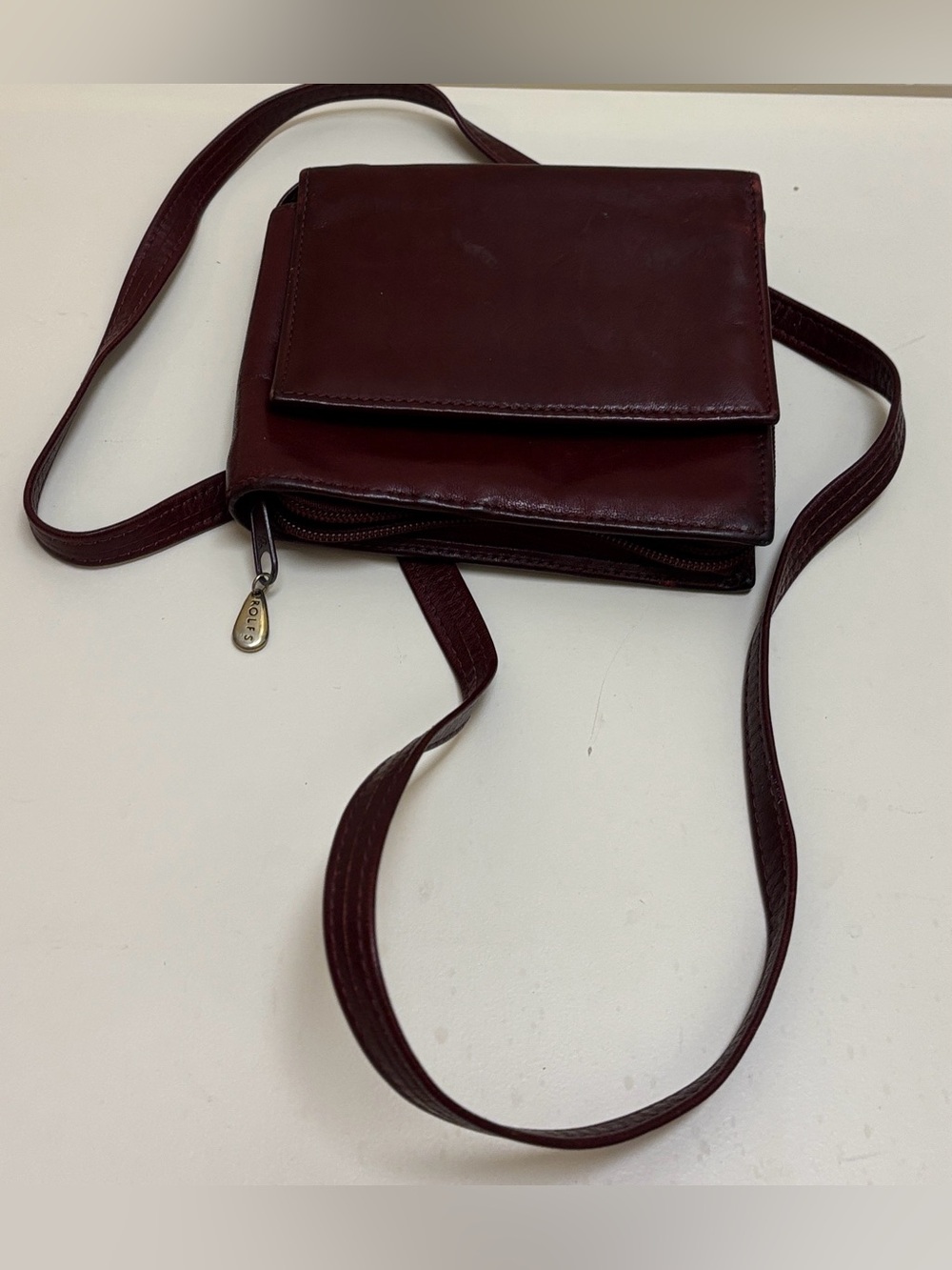 Rolfs Burgundy Leather Crossbody with Flap and Zip Pocket